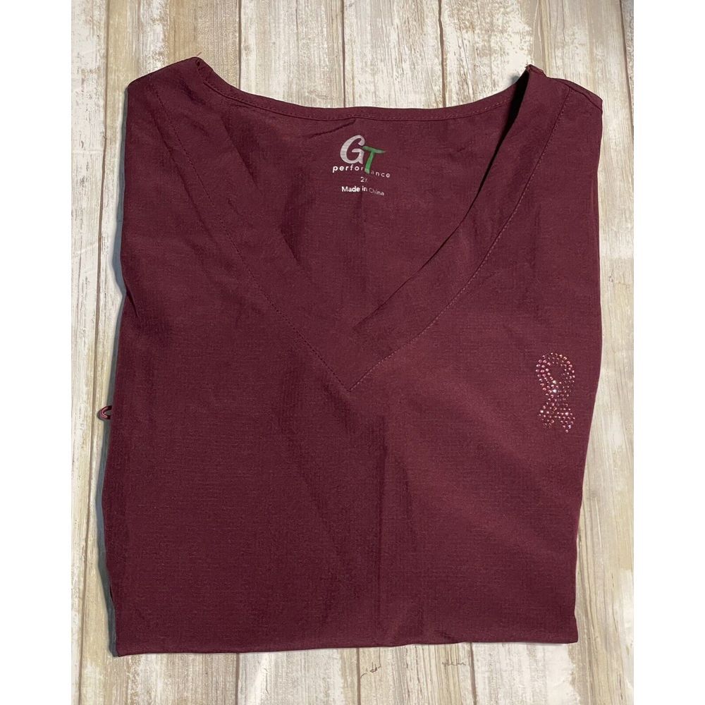 NWT  GT PERFORMANCE Size 2X Burgundy‎ Scrub Top Rhinestone Breast Cancer Ribbon